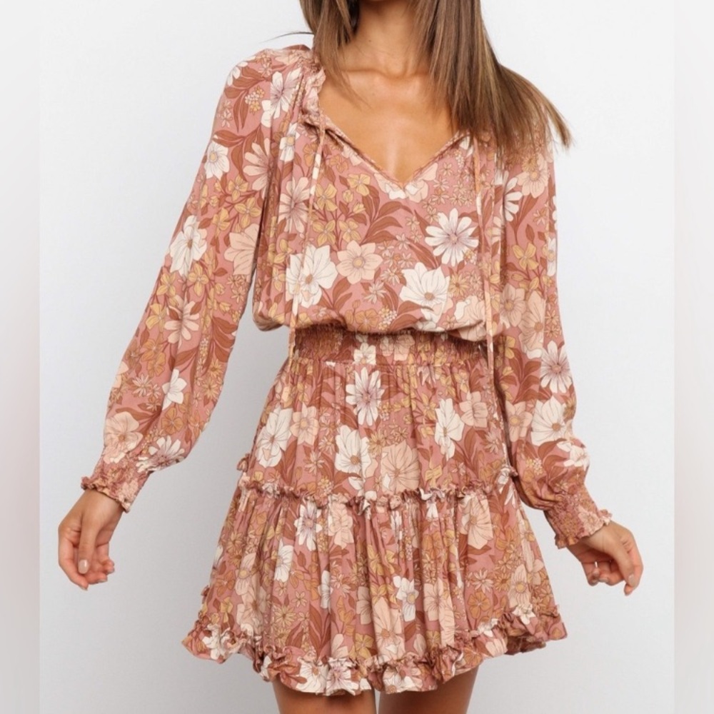 Petal & Pup Kelan Boho Festival Floral Long Sleeve Mini Dress Women’s 6